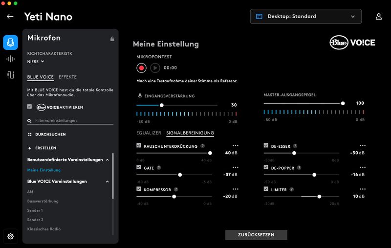 Logitech G HUB Software zur Konfiguration des Yeti Nano